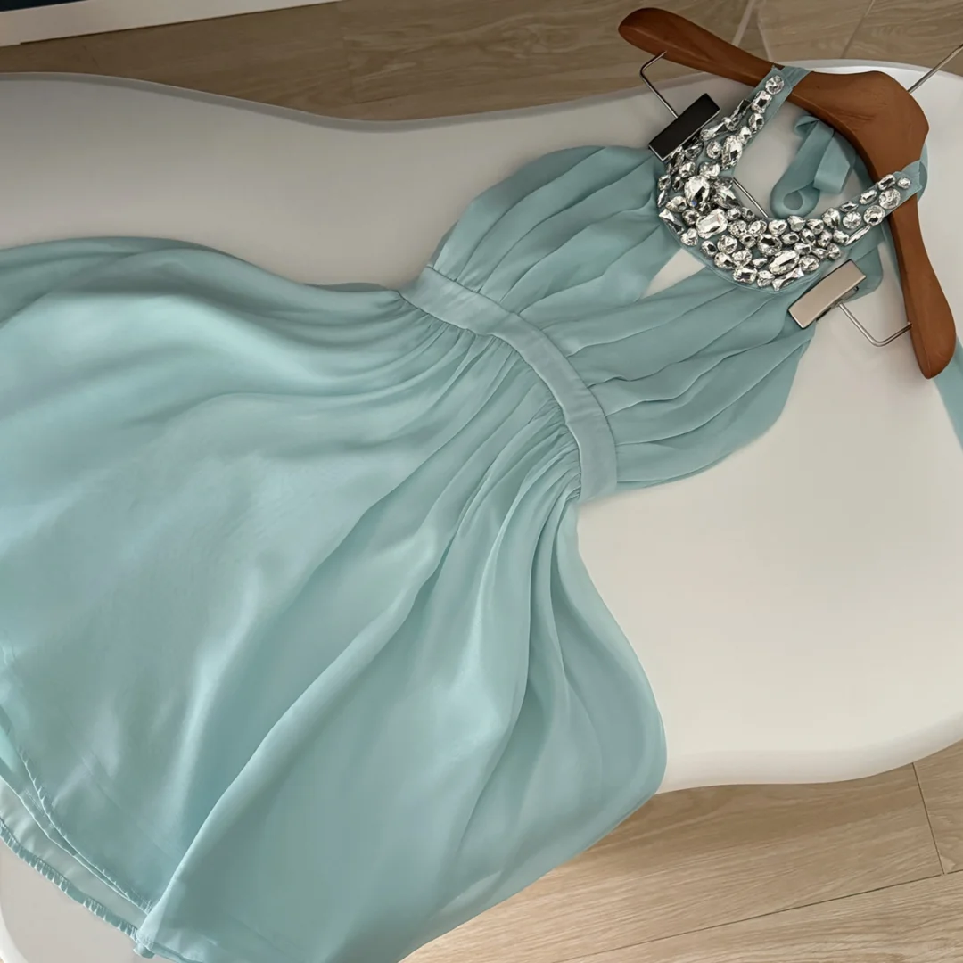 Gentle A Line Halter Rhinestone Blue Chiffon Open Back Homecoming Dress Cocktail Dress SH3086