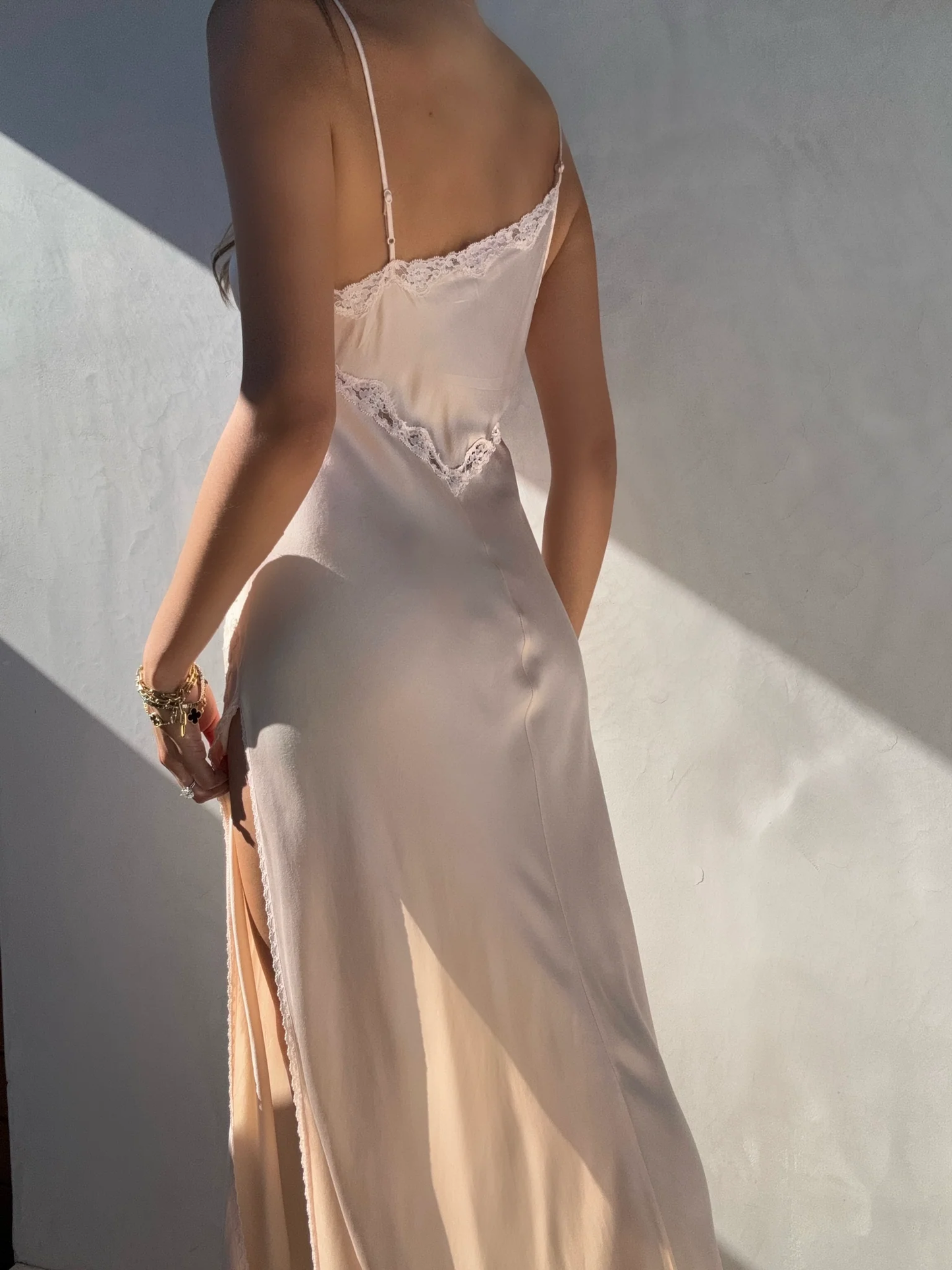 Simple A Line Spaghetti Strap Lace Satin Party Dress Wedding Guest Dress with Slit SH3901