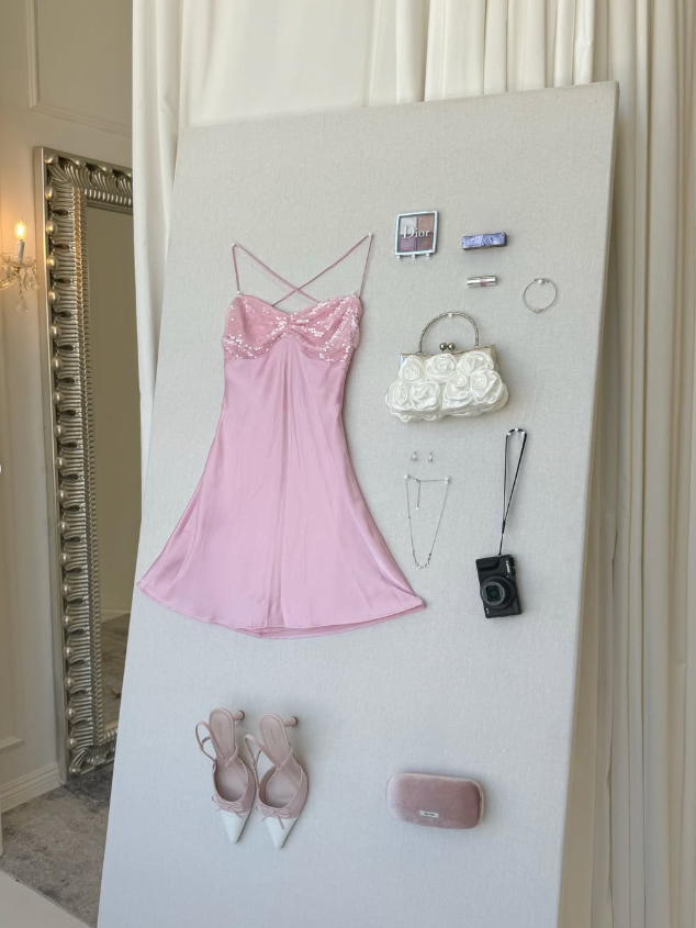 Cute Pink A Line Spaghetti Strap Sequin Satin Mini Homecoming Dress Cocktail Dress SH4098