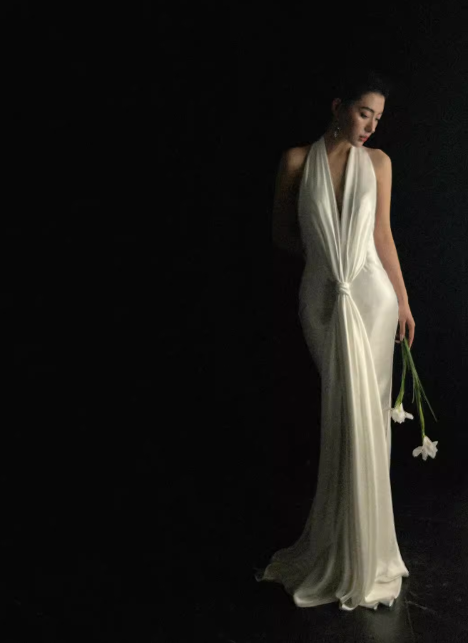 Simple V Neck Ruffle V Neck White Satin Long Prom Dress Evening Dress SH4379