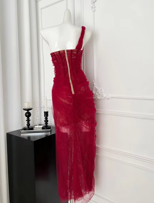 Stunning Red Sheath One Shoulder Lace Tulle Prom Dress Evening Dress Formal Gown SH3927