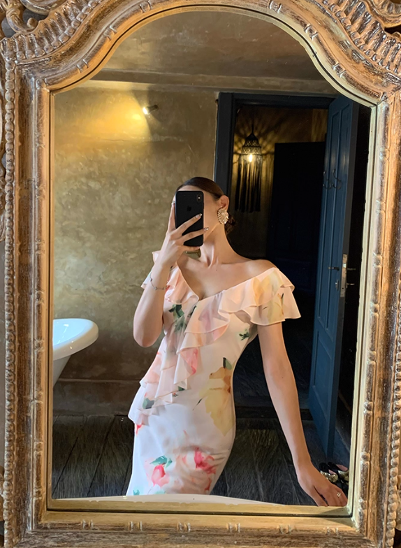 Light Pink Mermaid V Neck Print Floral Ruffle Chiffon Summer Dress Party Dress Outfits with Slit SH4174