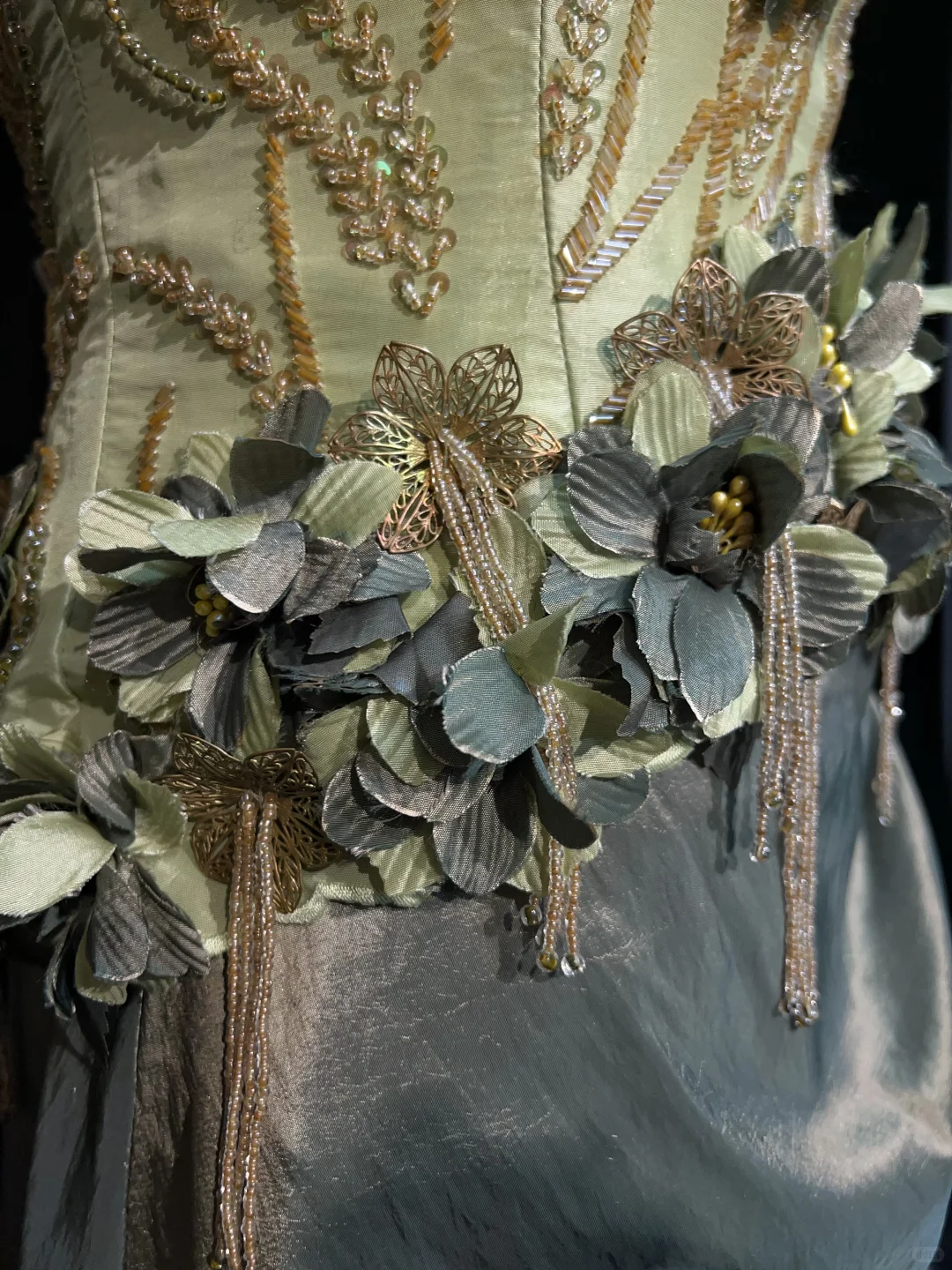 Vintage Green A Line Spaghetti Straps Beaded 3D Flower Satin Prom Dress Evening Dress SH3334