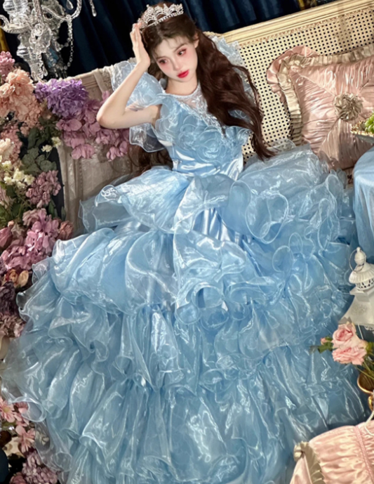 Blue Ball Gown Round Neck Layered Organza Prom Dress 16th Birthday Dress SH4089