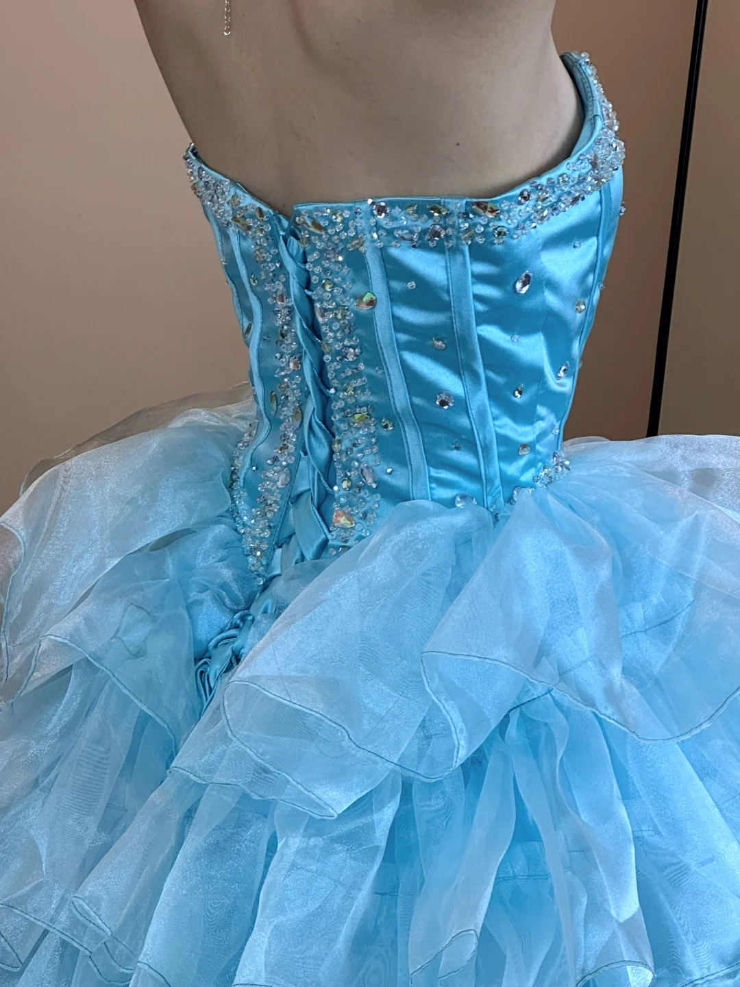Blue Vintage Ball Gown Strapless Beaded Layered Organza Satin Long Prom Dress 16th Birthday Dress SH5213