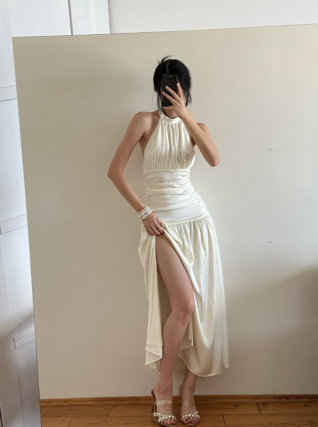 Simple Ivory A Line Halter Pleated Satin Slit Open Back Evening Dress Party Dress SH3957