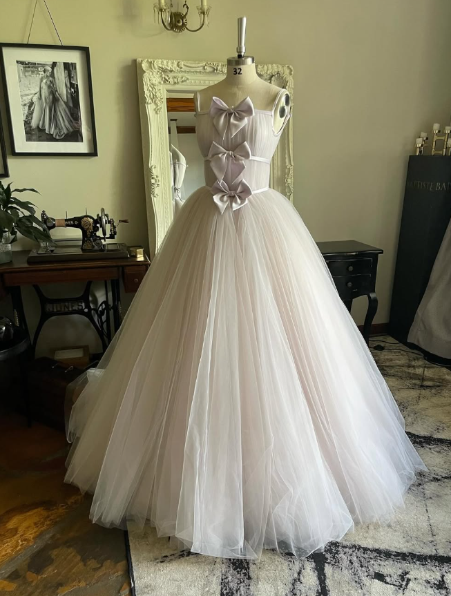 Stunning A Line Spaghetti Strap Bow Light Purple Tulle Long Party Dress Evening Dress SH2889