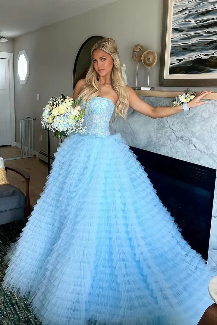 Gentle A Line Strapless Appliques Tiered Blue Tulle Prom Dress Evening Dress SH2637