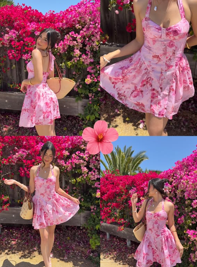 Pink Print Floral A Line Halter Satin Short Prom Dress Homecoming Dress SH6390