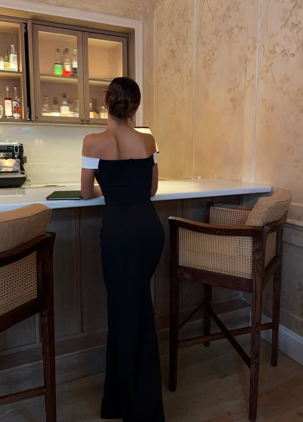 Classic Sheath Off the Shoulder Black-White Satin Prom Dress SH5064