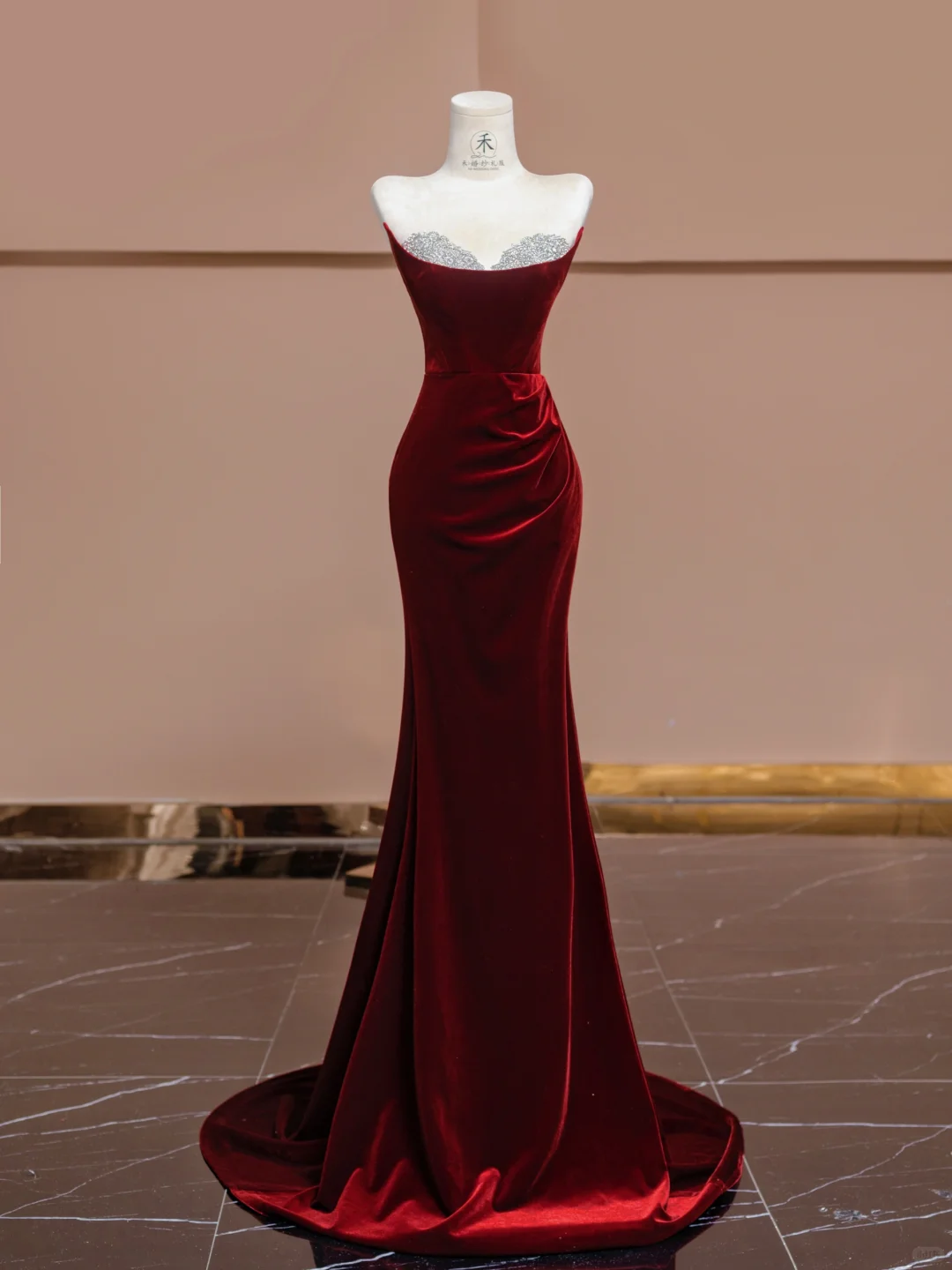 Burgundy Mermaid Strapless Beaded Velvet Long Prom Dress Party Dress SH4368