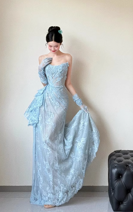 Blue Mermaid Strapless Pleated Blue Lace Long Party Dress Evening Dress SH3380