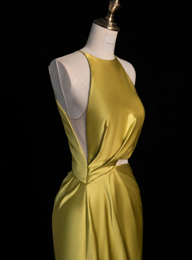 Yellow Sheath Halter Satin Open Back Prom Dress Graduation Prom Dress with Slit SH2493