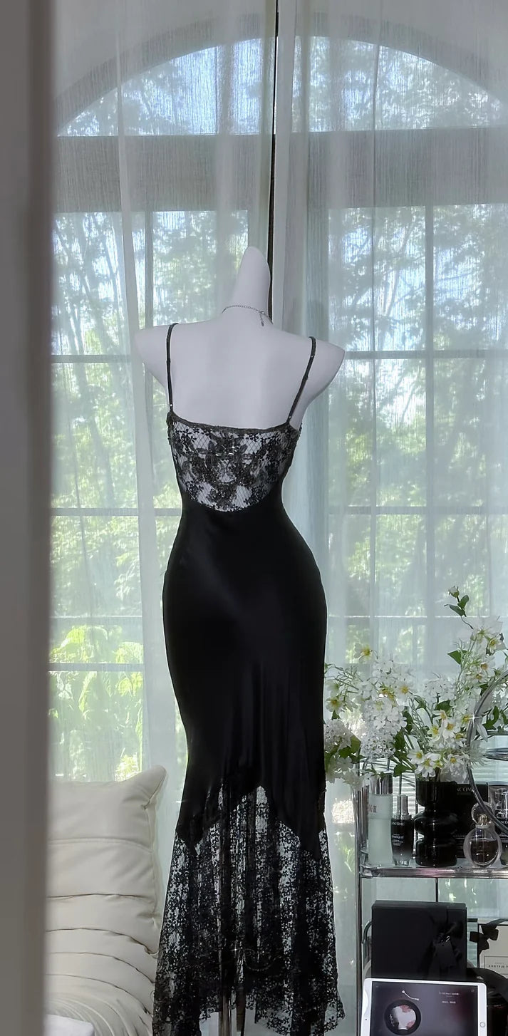 Sexy Black Mermaid Spaghetti Strap Beaded Lace Chiffon Evening Dress Party Dress SH3727