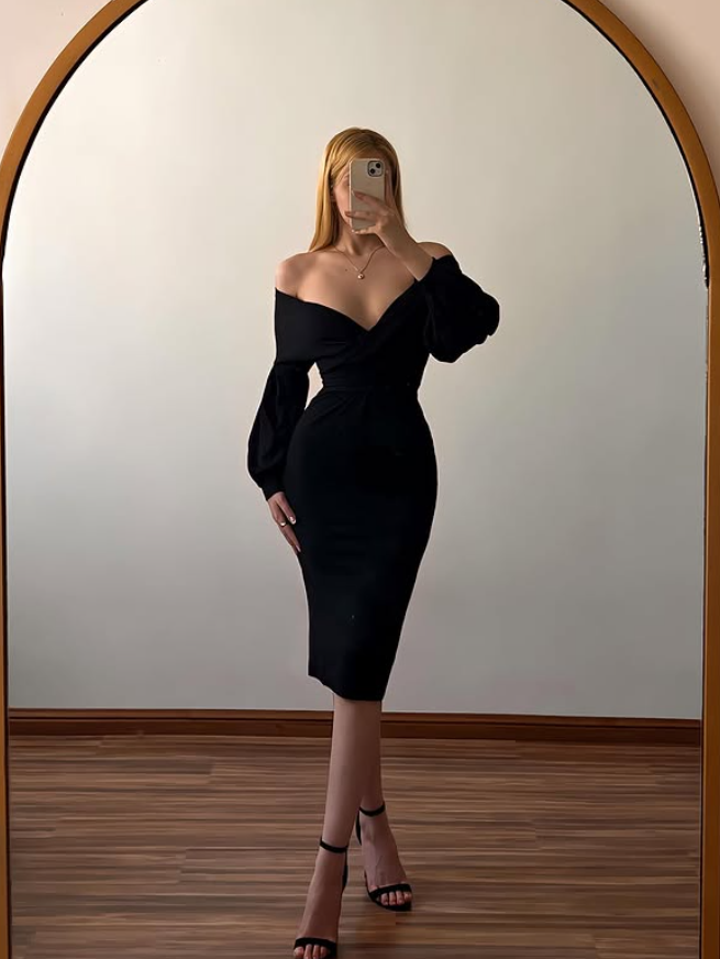 Vintage Elegant Sheath Long Sleeve Black Satin Short Prom Dress Homecoming Dress SH6965
