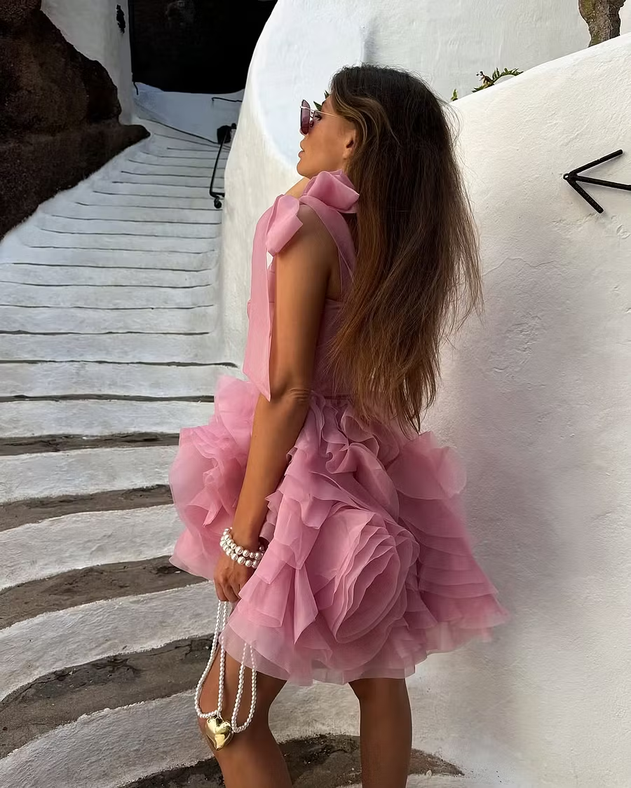 Chic Pink Wide Shoulder Straps Sleeveless Short Prom Dress with Ruffles SH7512