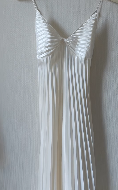 Simple A Line Spaghetti Straps Pleated White Satin Chiffon Prom Dress Evening Dress SH4243