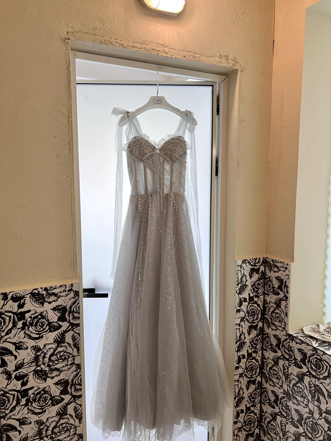 Grey A Line Spaghetti Strap Beaded Corset Tulle Prom Dress Evening Dress SH3860