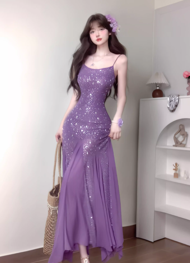 Purple Mermaid Spaghetti Strap Rhinestone Chiffon Prom Dress Vacation Dress Date Dress SH3986