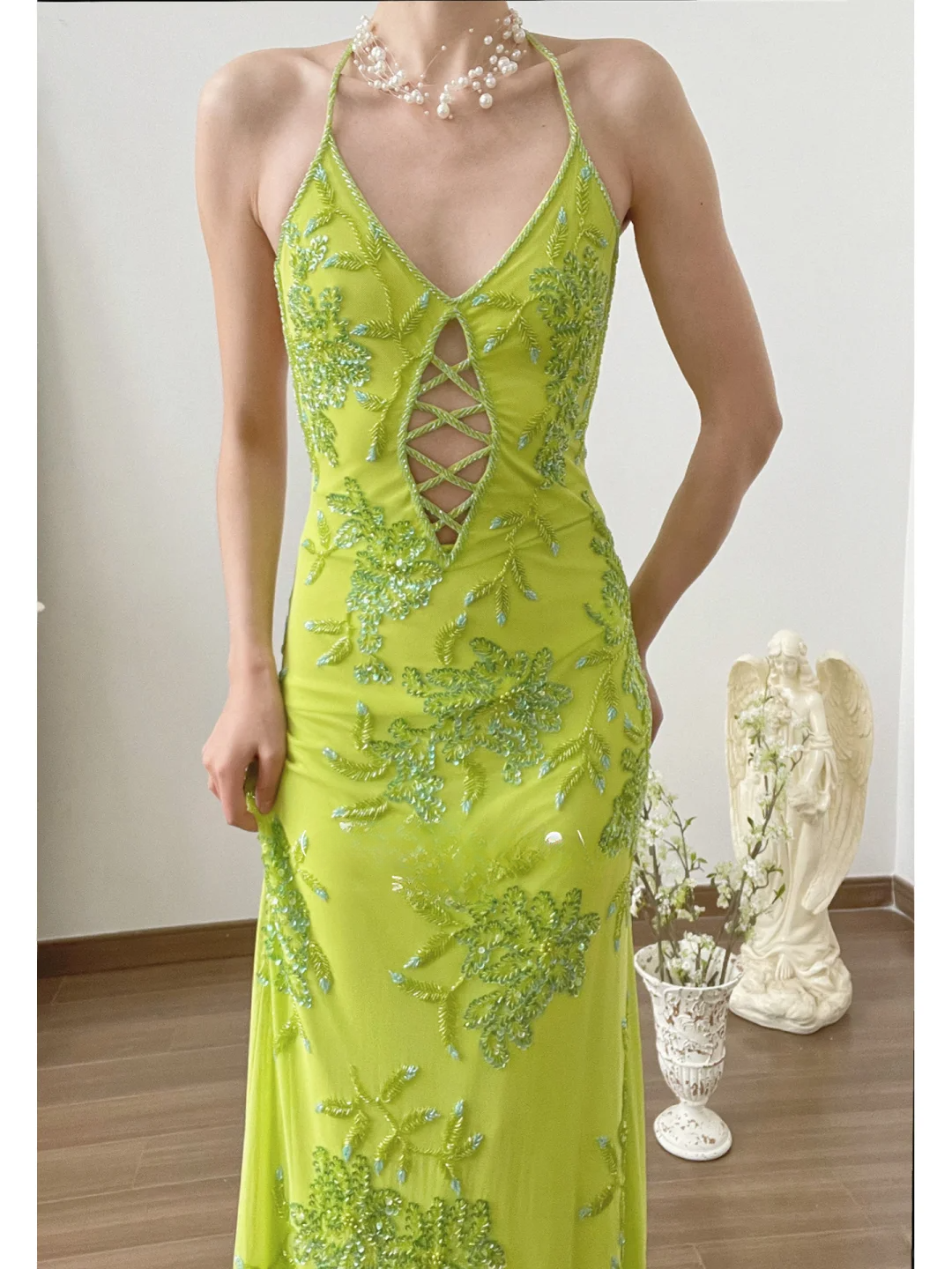 Vintage Halter Green Beaded Chiffon Open Back Long Prom Dress Formal Dress SH3865