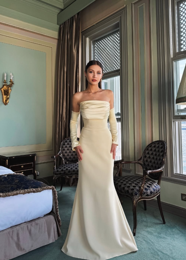 Apricot Simple Mermaid Strapless Satin Long Prom Dress Formal Dress Party Dress SH3750