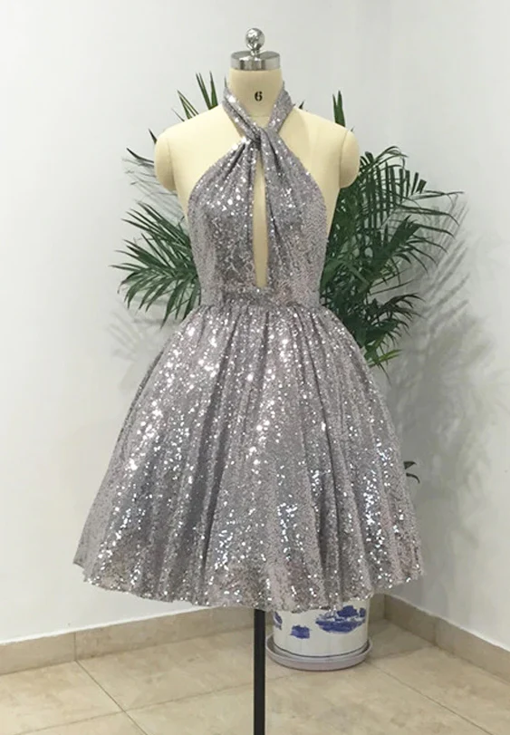 Silver Sexy Halter Sequined Backless Short Homecoming Dress, Sparkly Party Dress SH784