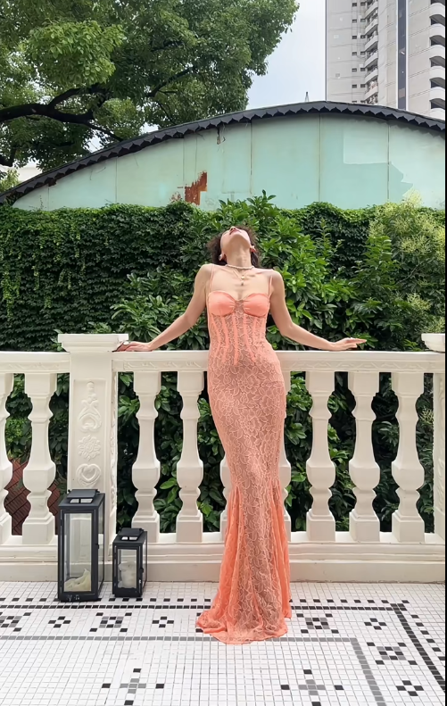 Elegant Mermaid Spaghetti Strap Orange Lace Long Prom Dress SH4569