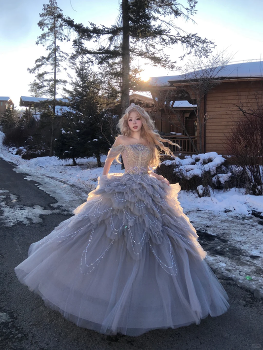 Exquisite Beaded A Line Off the Shoulder Grey Tulle Long Evening Dress Party Dress SH3487