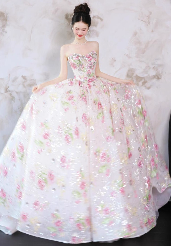 Exquisite Ball Gown Strapless Embroidery Floral Tulle Prom Dress 16th Birthday Dress SH4054