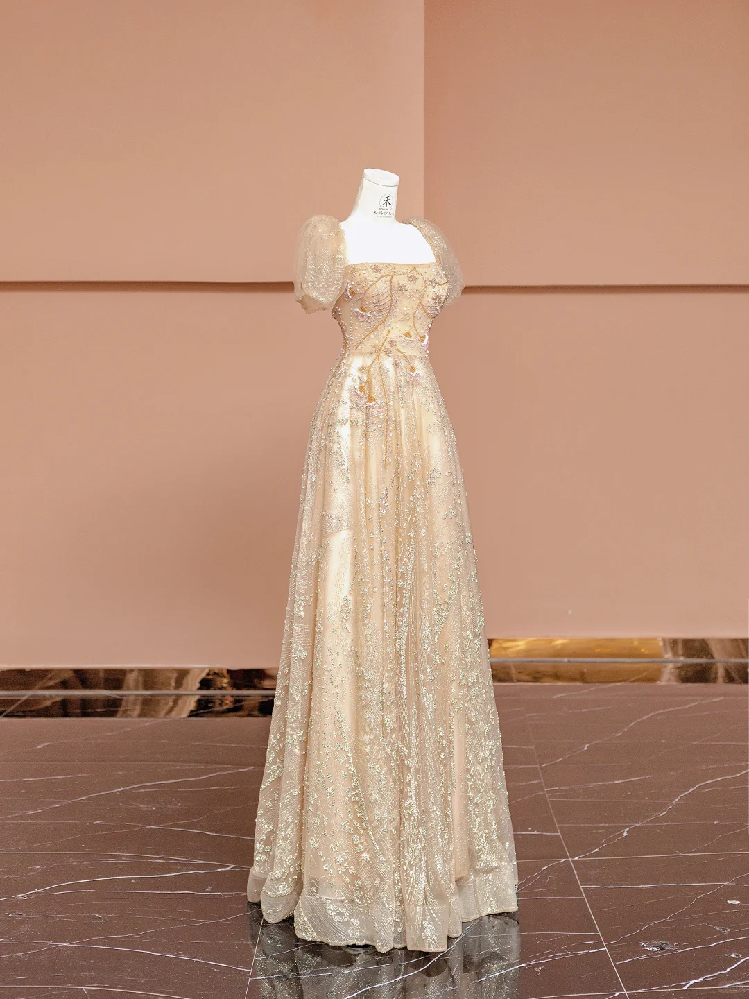Pretty A Line Puff Beaded Sequin Champagne Tulle Long Prom Dress Party Dress SH4365