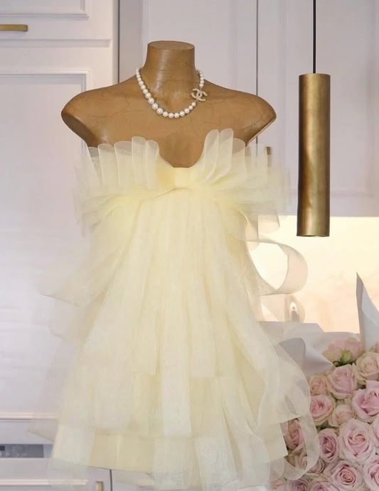 Light Yellow A Line Strapless Bow Layered Organza Mini Homecoming Dress SH3340