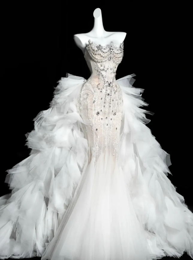 Charming Mermaid Strapless Rhinestone White Tulle Long Prom Dress SH3244