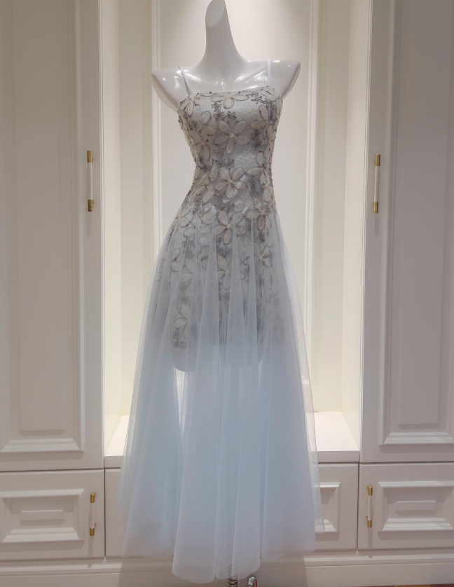 Stunning A Line Spaghetti Strap Floral Blue Tulle Prom Dress Wedding Guest Dress SH4505