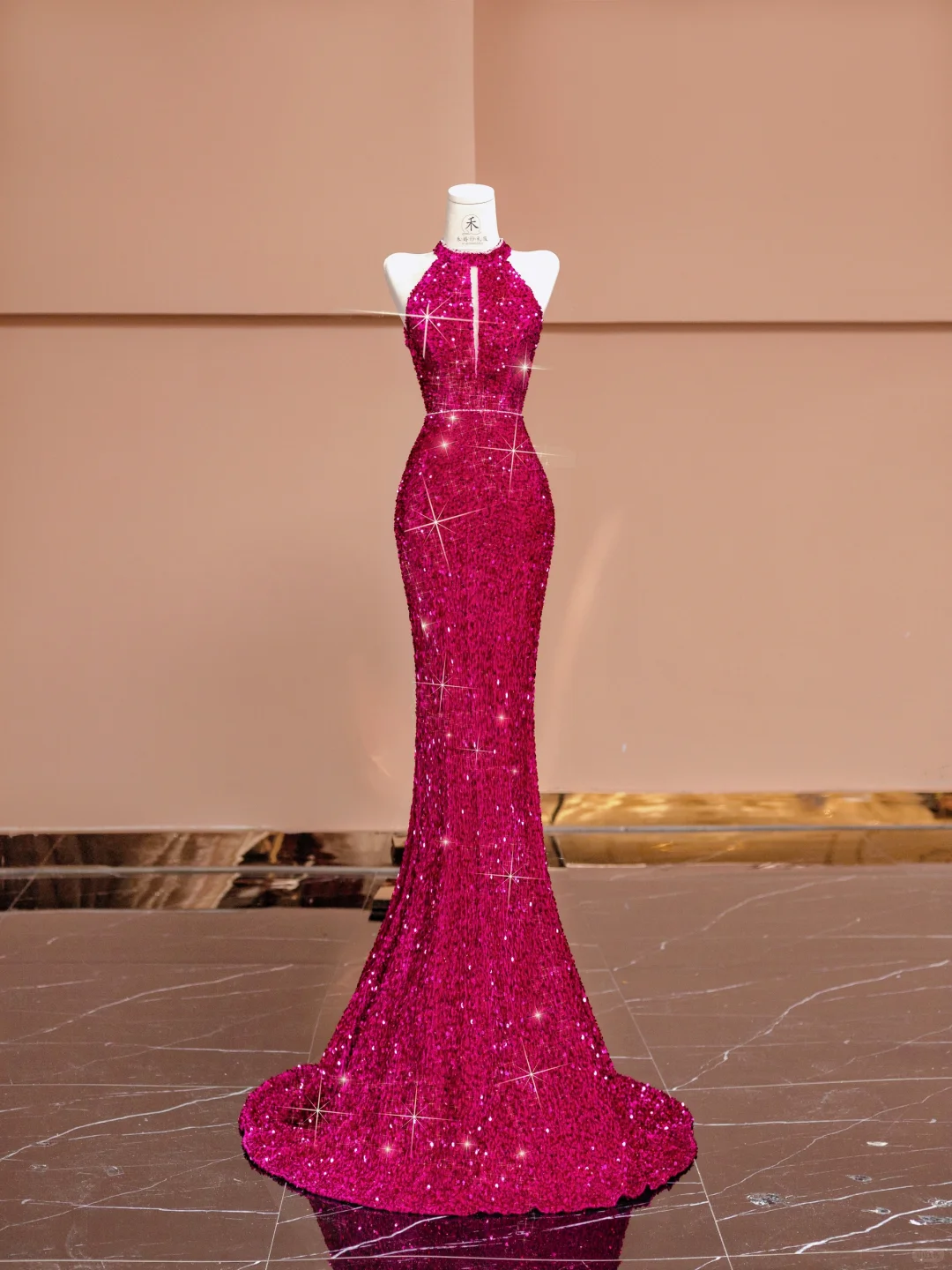 Barbie Pink Mermaid Halter Sequin Open Back Long Prom Dress Party Dress SH4363