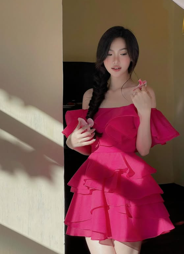 Hot Pink A Line Off the Shoulder Layered Chiffon Satin Short Homecoming Dress Outfits SH6227