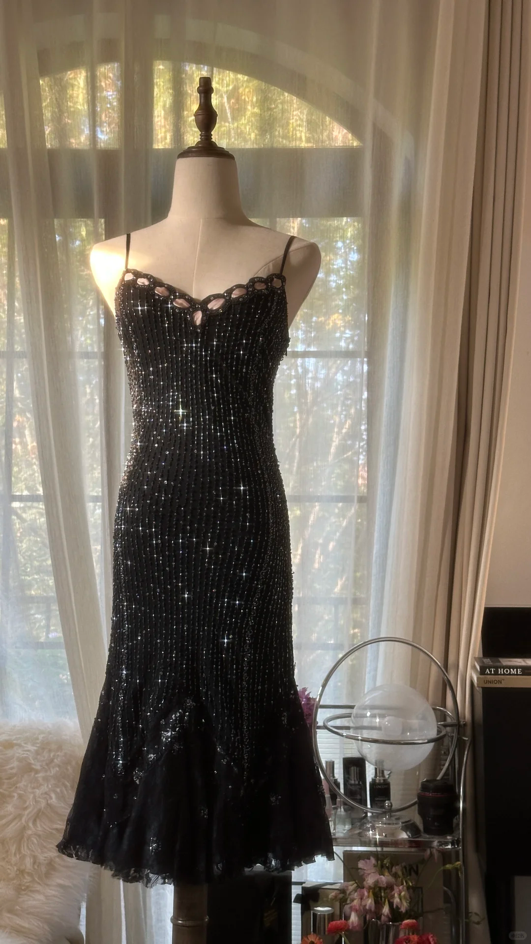 Stunning Mermaid Spaghetti Strap Beaded Black Chiffon Short Homecoming Dress Cocktail Dress SH2962