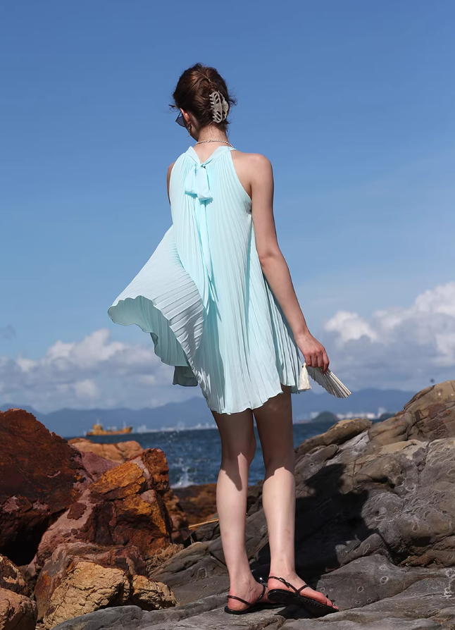 Blue A Line Halter Pleated Chiffon Short Homecoming Dress Vacation Dress Outfits SH3993