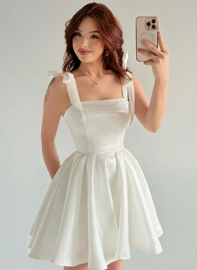 White A Line Bow Straps Satin Short Prom Dress Homecoming Dress SH6010