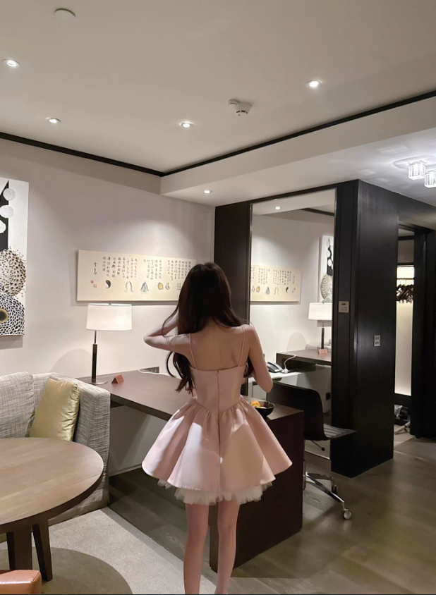 Pink Bow A Line Spaghetti Strap Satin Short Homecoming Dress Cocktail Dress SH3384