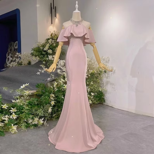 Pink Vintage Off The Shoulder Long Mermaid Prom Dress,Elegant Evening Dress SH642