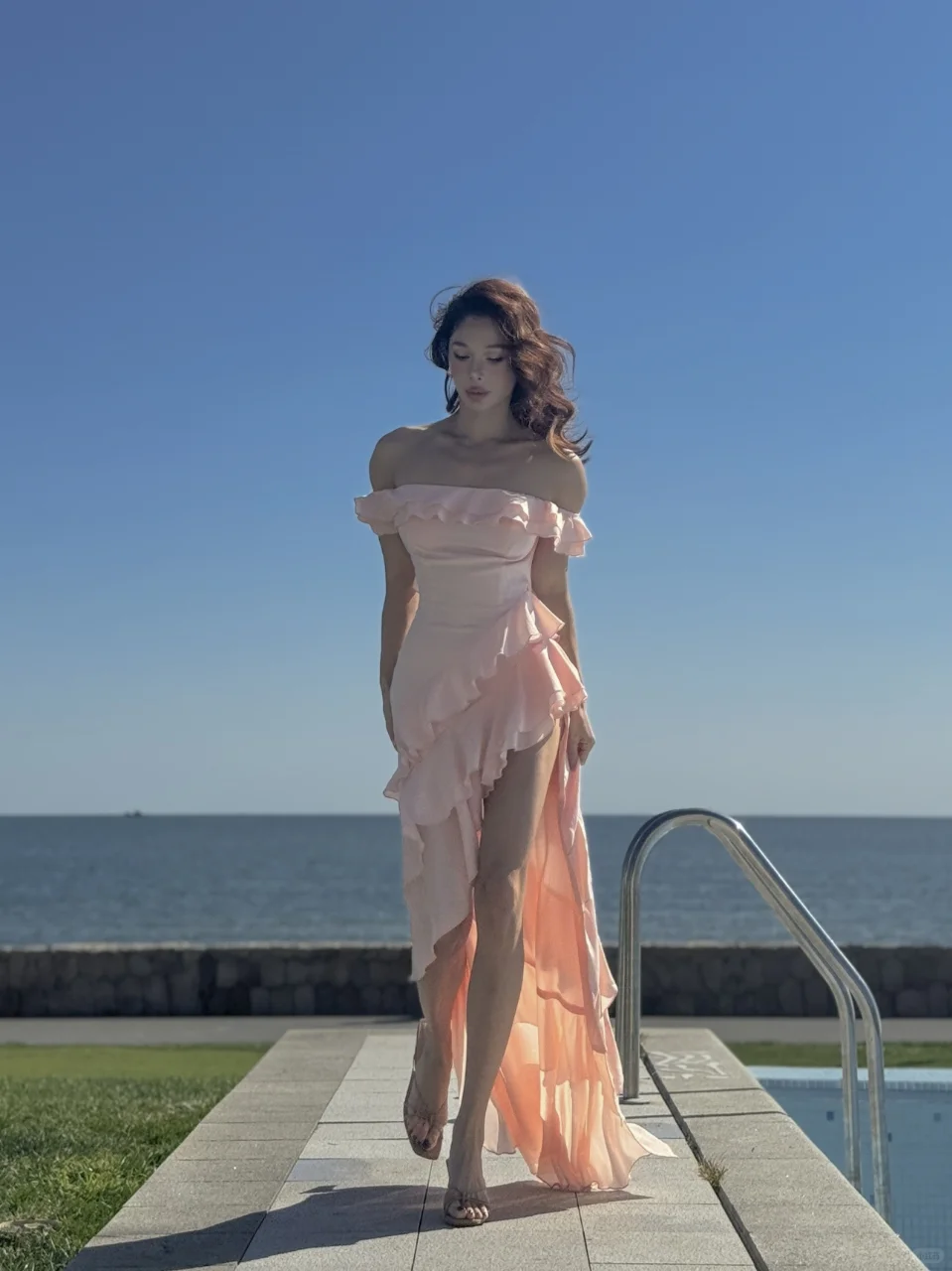 Light Pink A Line Off the Shoulder Ruffle Chiffon Prom Dress Vacation Dress SH4237