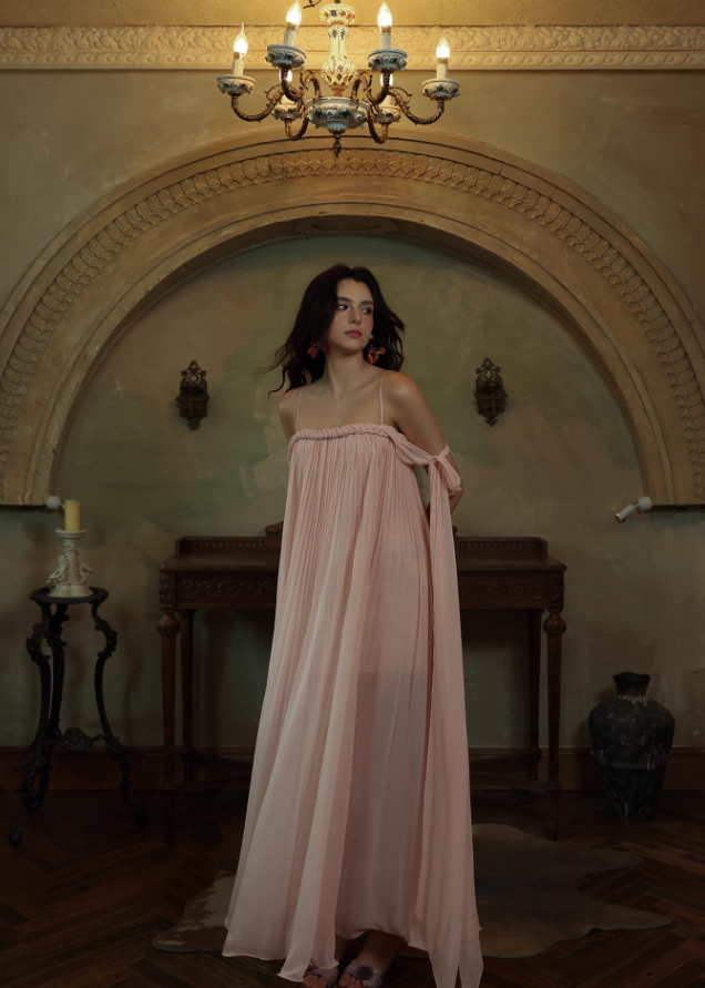 Gentle A Line Spaghetti Strap Pleated Light Pink Chiffon Prom Dress Formal Dress SH4170