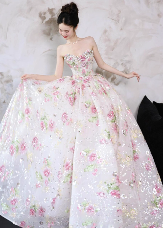 Exquisite Ball Gown Strapless Embroidery Floral Tulle Prom Dress 16th Birthday Dress SH4054