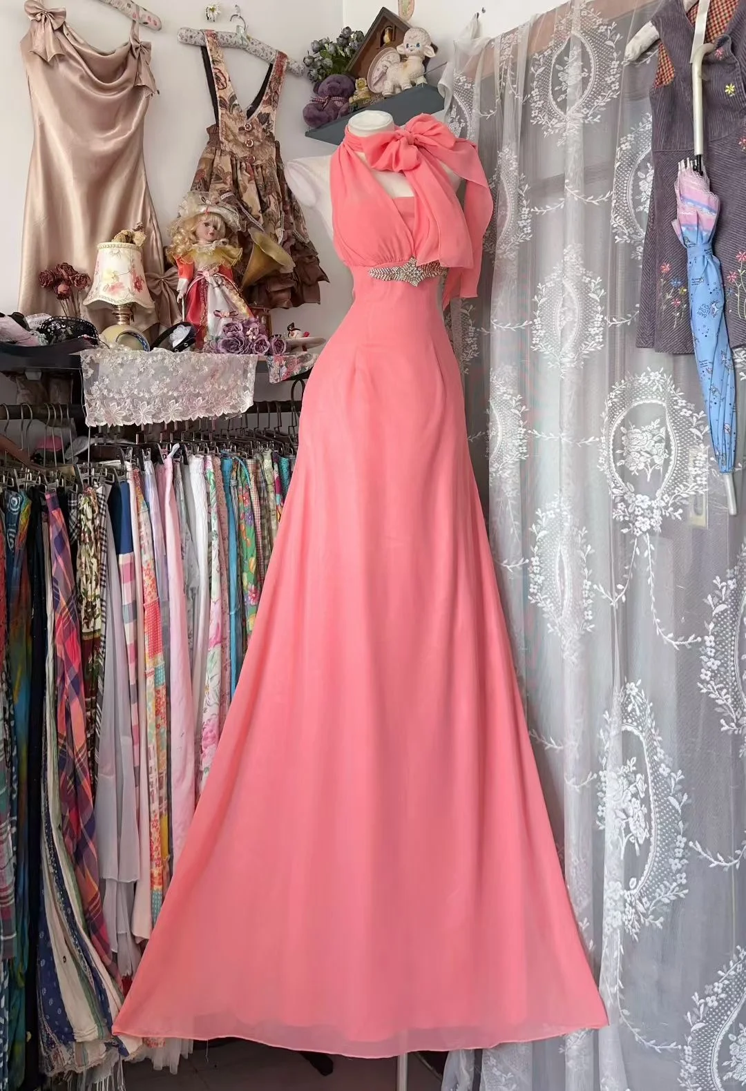 Vintage Pink A Line Halter Beaded Chiffon Prom Dress Evening Party Dress SH5674