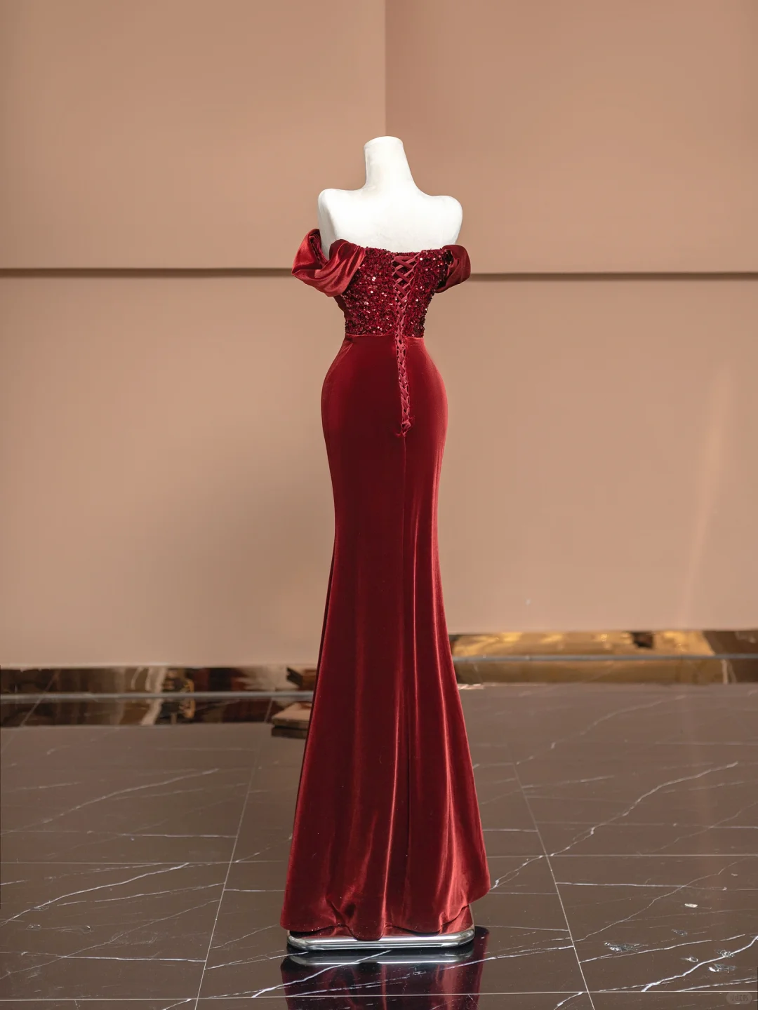 Burgundy Mermaid Off the Shoulder Sequin Velvet Long Prom Dress Party Dress SH4369