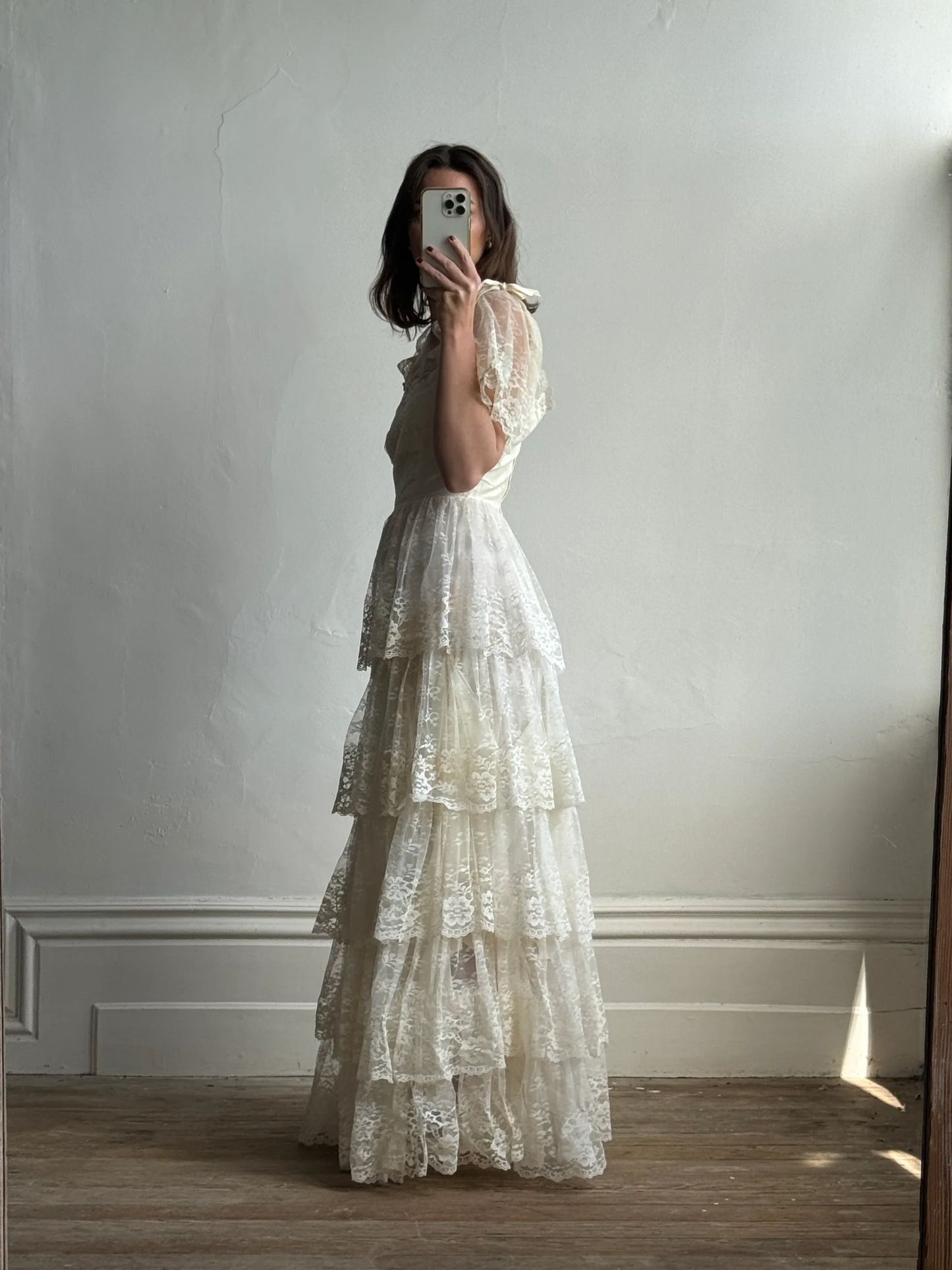 Vintage A Line Puff Layered Beige Lace Long Wedding Dress SH4426
