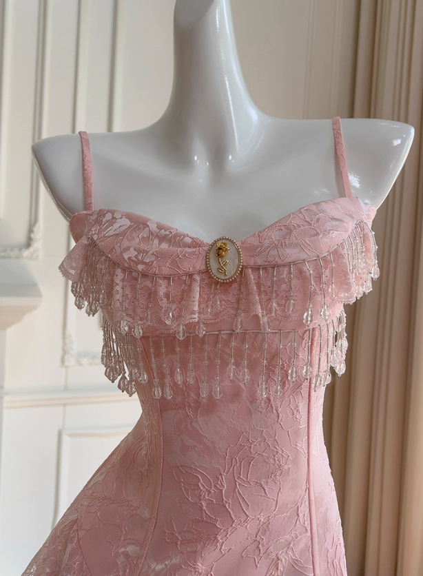 Pink A Line Spaghetti Strap Beaded Lace Homecoming Dress Birthday Dress SH4509