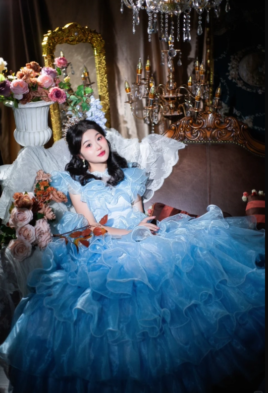 Blue Ball Gown Round Neck Layered Organza Prom Dress 16th Birthday Dress SH4089