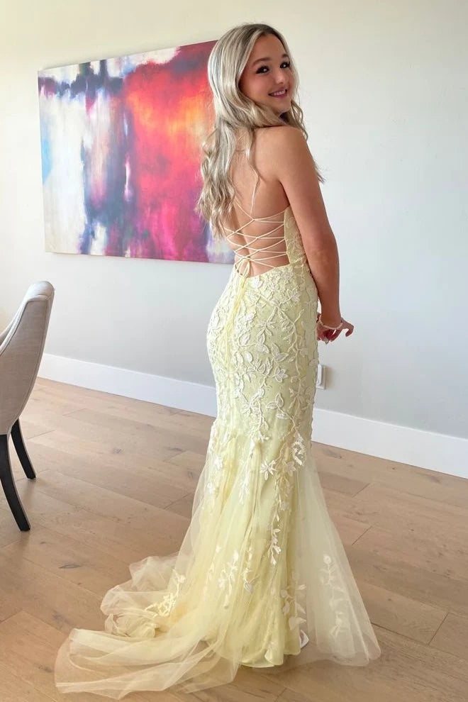 Beautiful Mermaid Spaghetti Straps Light Yellow Long Prom Dress with Appliques SH8104