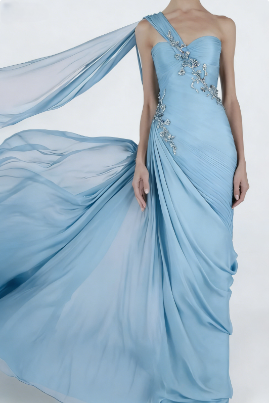 Light Pink Sheath One Shoulder Pleated Beaded Chiffon Prom Dress Wedding Guest Dress SH4699